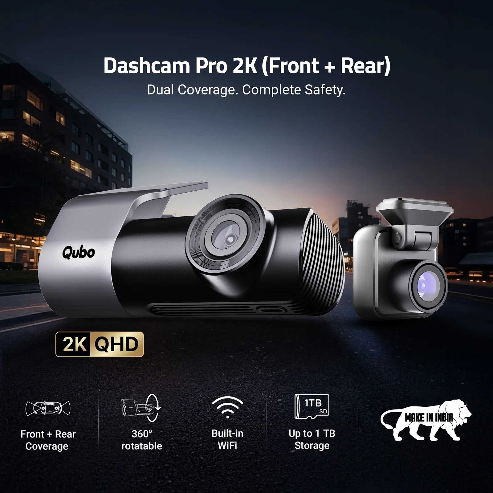 qubodashcam front+rear2k Qubo Dashcam 4G Live – 2K Quad HD Car Dash Camera (Front+Rear) - Image 1